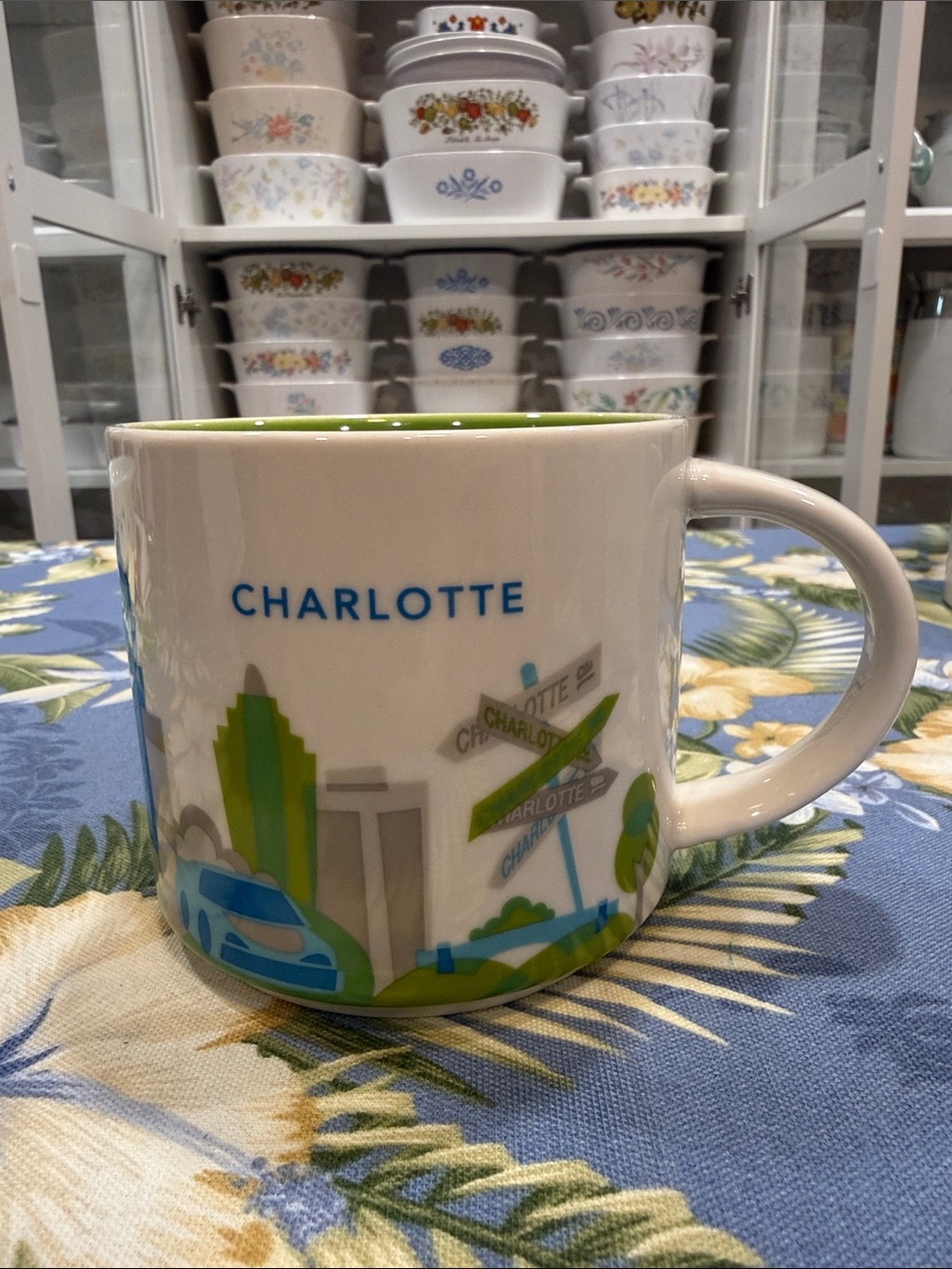 Starbucks Charlotte Ceramic Mug - White with Green and Blue Accents